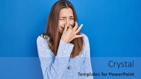  Presentation with bad breath - Slide deck enhanced with young-woman-standing-over-blue background and a light blue colored foreground