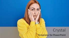  Presentation with sadness - Theme with young-woman-standing-over-blue background and a yellow colored foreground