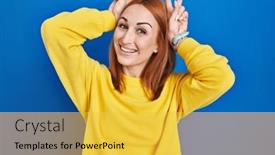  Presentation with bunny - Slides enhanced with young-woman-standing-over-blue background and a yellow colored foreground