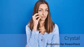  Presentation with lips mouth - Slides featuring young-woman-standing-over-blue background and a light blue colored foreground