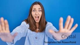  Presentation with frustration - Presentation design consisting of young-woman-standing-over-blue background and a light blue colored foreground