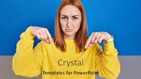  Presentation with unhappy - Presentation design having young-woman-standing-over-blue background and a yellow colored foreground
