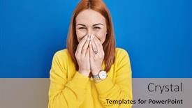  Presentation with scandal - Presentation theme having young-woman-standing-over-blue background and a yellow colored foreground