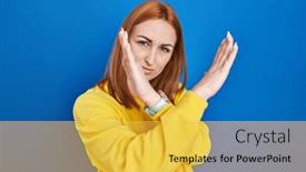  Presentation with negative - Presentation consisting of young-woman-standing-over-blue background and a yellow colored foreground