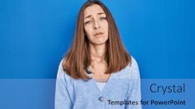  Presentation with tired - Slide deck featuring young-woman-standing-over-blue background and a light blue colored foreground