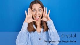  Presentation with blue - Slide deck enhanced with young-woman-standing-over-blue background and a light blue colored foreground