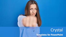  Presentation with woman fighting for her rights - PPT layouts featuring young-woman-standing-over-blue background and a teal colored foreground
