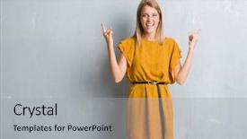  Presentation with rock wall - Slides enhanced with young woman standing over grunge background and a light gray colored foreground