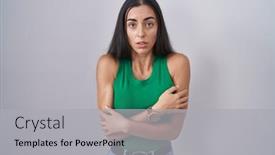  Presentation with woman sad - Slides consisting of young-woman-standing-over-isolated background and a light gray colored foreground