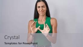  Presentation with beautiful young woman getting face - PPT layouts enhanced with young-woman-standing-over-isolated background and a light gray colored foreground