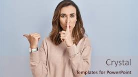  Presentation with secret - Presentation theme consisting of young-woman-standing-over-isolated background and a coral colored foreground