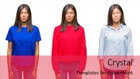  Presentation with simple design white - Beautiful PPT theme featuring young woman standing over white backdrop and a  colored foreground