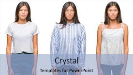  Presentation with simple minimalist white - Colorful slide set enhanced with young woman standing over white backdrop and a light blue colored foreground