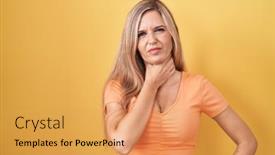  Presentation with sore throat - PPT theme featuring young-woman-standing-over-yellow background and a yellow colored foreground