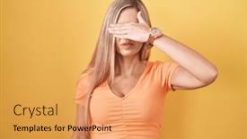  Presentation with sad woman - Slide set consisting of young-woman-standing-over-yellow background and a yellow colored foreground