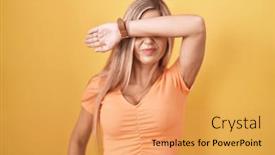  Presentation with sad woman - PPT layouts consisting of young-woman-standing-over-yellow background and a yellow colored foreground