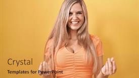  Presentation with salary - Slide set enhanced with young-woman-standing-over-yellow background and a yellow colored foreground