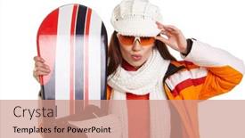 Presentation with snowboard - Slide deck consisting of young woman standing with snowboard isolated on white background and a coral colored foreground