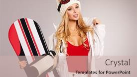  Presentation with snowboard - Audience pleasing PPT layouts consisting of young woman standing with snowboard isolated on grey backdrop and a soft green colored foreground