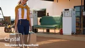  Presentation with petrol station - Cool new presentation theme with young-woman-standing-with-suitcase backdrop and a coral colored foreground