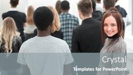  Presentation with diverse people - PPT theme having young-woman-standing background and a gray colored foreground