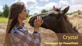  Presentation with horses - Presentation with young-woman-standing background and a tawny brown colored foreground