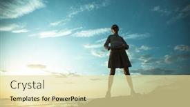  Presentation with rocky ocean coast - Presentation featuring young-woman-stands background and a blonde colored foreground