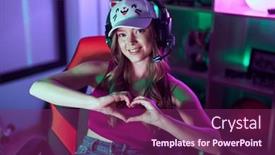  Presentation with hands heart - PPT theme consisting of young-woman-streamer-smiling-confident background and a  colored foreground