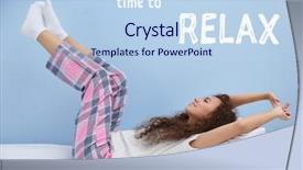  Presentation with stretching - Colorful PPT theme enhanced with beautiful young woman stretching after wake up text time to relax on blue background backdrop and a light blue colored foreground