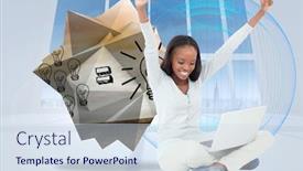  Presentation with abstract blue white - Slides having young woman stretching while on the floor with her laptop against abstract blue design in white room background and a sky blue colored foreground