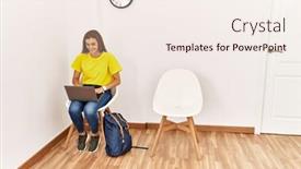  Presentation with waiting room - Presentation theme having young-woman-student-using-laptop background and a sky blue colored foreground