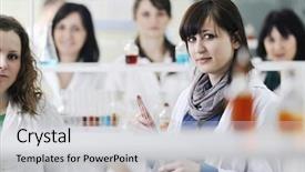  Presentation with chemistry - Theme featuring young woman students group background and a light gray colored foreground