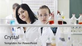  Presentation with lab coats - Cool new presentation theme with young woman students group backdrop and a  colored foreground