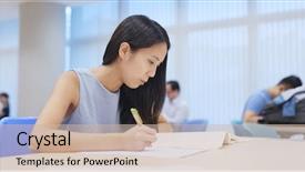  Presentation with university library - Amazing PPT theme having young woman study at university backdrop and a soft green colored foreground