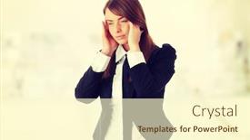  Presentation with headache - PPT theme with young woman suffering a headache background and a cream colored foreground