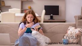  Presentation with home - Slide set having young-woman-suffering-at-home background and a coral colored foreground