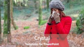  Presentation with sneezing - PPT theme having young woman suffering from cold background and a coral colored foreground