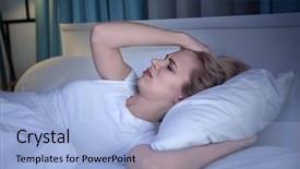  Presentation with headache - Colorful presentation theme enhanced with young woman suffering from headache backdrop and a light blue colored foreground