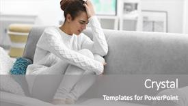  Presentation with home equity - Presentation theme with young woman suffering from headache background and a gray colored foreground