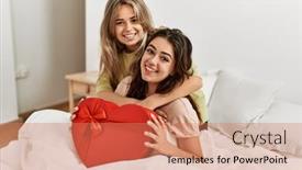  Presentation with valentine - Slide deck featuring young-woman-surprising-her-girlfriend background and a coral colored foreground