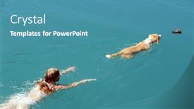  Presentation with swimming - Amazing theme having young-woman-swimming-with-dog backdrop and a teal colored foreground