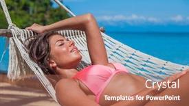  Presentation with blue - Cool new slides with young-woman-swinging-in-hummock backdrop and a coral colored foreground