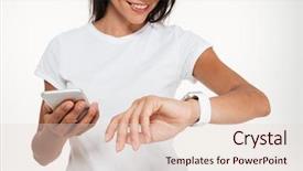  Presentation with smart watch red - Presentation design enhanced with young woman synchronizing her mobile background and a lemonade colored foreground