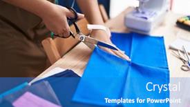  Presentation with sewing - PPT theme having young-woman-tailor-cutting-cloth background and a teal colored foreground