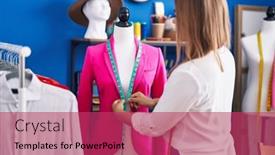  Presentation with measuring - Presentation design having young-woman-tailor-measuring-jacket background and a  colored foreground