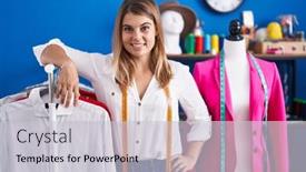  Presentation with confident - Slide deck featuring young-woman-tailor-smiling-confident background and a light gray colored foreground