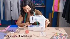  Presentation with sewing machine - Slide set with young-woman-tailor-smiling-confident background and a lemonade colored foreground