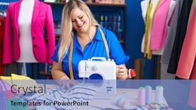  Presentation with sewing machine - Presentation design with young-woman-tailor-smiling-confident background and a light blue colored foreground