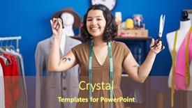  Presentation with thread - PPT layouts with young-woman-tailor-smiling-confident background and a violet colored foreground