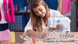  Presentation with sewing machine - Slide deck featuring young-woman-tailor-smiling-confident background and a coral colored foreground